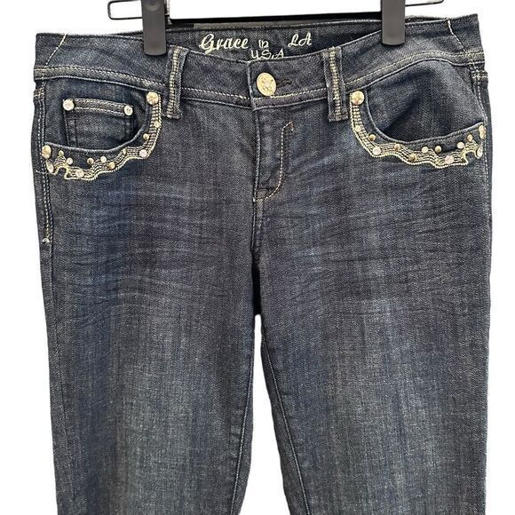Grace in LA Dark Wash Gold Embellished Skinny Jeans Size 9 Western - Picture 4 of 16